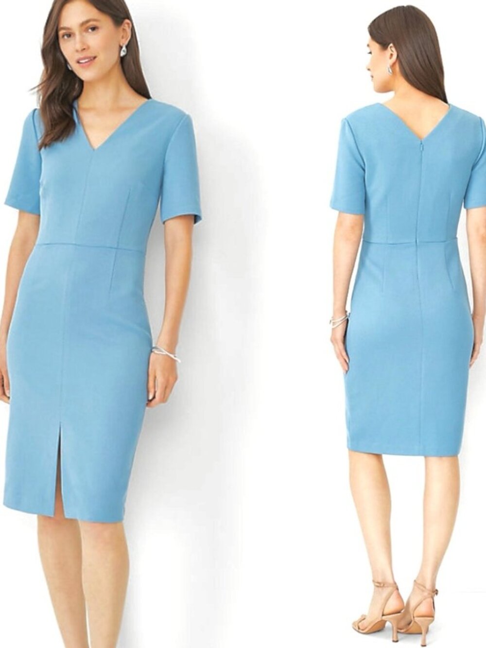 Ann Taylor Sky Blue V-Neck Midi Sheath Dress